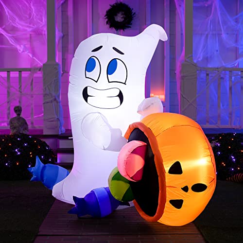 5 Ft Halloween Inflatable Ghost with Candy Pumpkin Cauldron Yard Decor