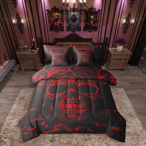 Red Black Gothic Queen Comforter Set with Sheets - 7 Piece Bedding