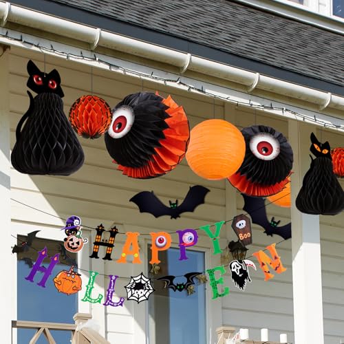Halloween Paper Lantern Decorations Set with Black Cat Eyeball Bats Banner - Indoor Party Props