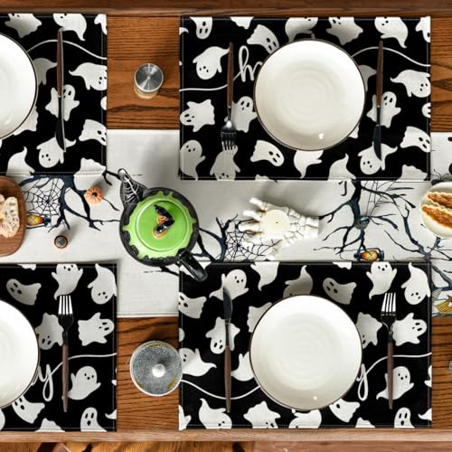 Black Ghost Halloween Placemats Set of 4 - 12 x 18 Inch Rectangular