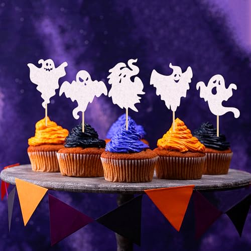 Ercadio White 25 Pack Ghost Cupcake Toppers Glitter Halloween Baby Ghost Decorations