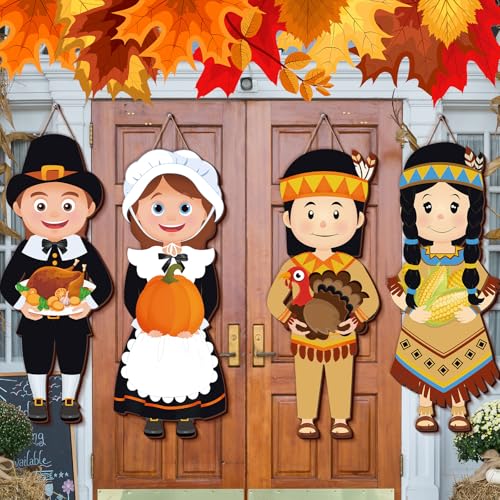 Thanksgiving Pilgrim Hanging Signs Set - Outdoor Fall Decor for Porch & Front Door