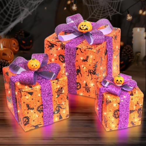 Yudara Halloween Lighted Gift Boxes Set - Orange Bat Spider Web Pumpkin
