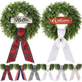 24-Inch Artificial Boxwood Wreath with Ribbons & Welcome Sign for Front Door