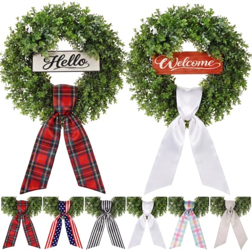 24-Inch Artificial Boxwood Wreath with Ribbons & Welcome Sign for Front Door