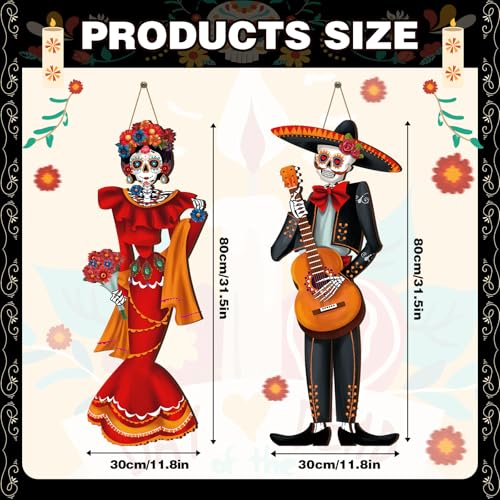2 Pcs Dia De Muertos Porch Decorations with Wooden Skeleton Bride and Groom
