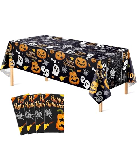 Halloween Pumpkin Ghost Tablecloth Set - 4 Pcs 54x108 Inch Plastic Party Covers for Home & Decor