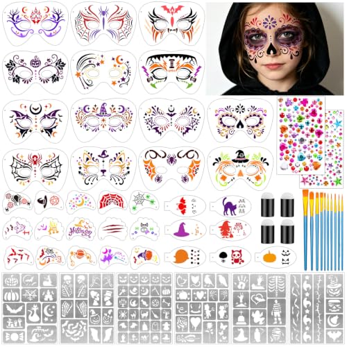 Halloween Face Paint Stencils Kit - 58pcs Makeup & Tattoo Templates, Brushes, Gems & Sponges - Halloween Variation