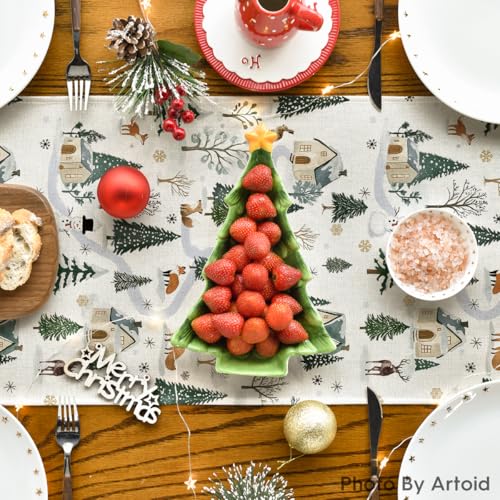 Snowfield Trees Hut Christmas Table Runner 13 x 120 Inch Beige Holiday Decor