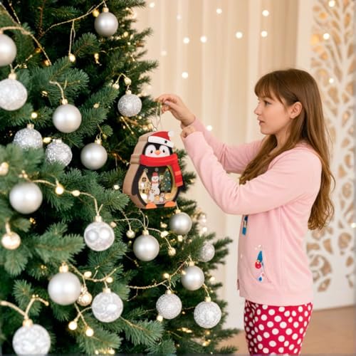 Penguin Christmas Ornament with Wooden Snowman Scene - Black Variation