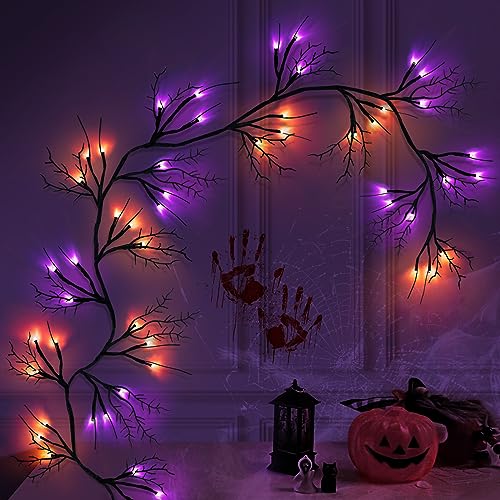 Halloween Willow Vine Garland with 54 LED Lights - 6 Ft Orange & Purple, Waterproof, 8 Modes