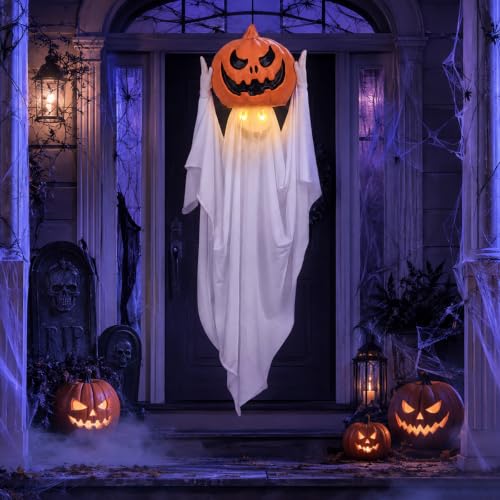 42-Inch Halloween Hanging Ghost Decoration with LED Eyes and Pumpkin