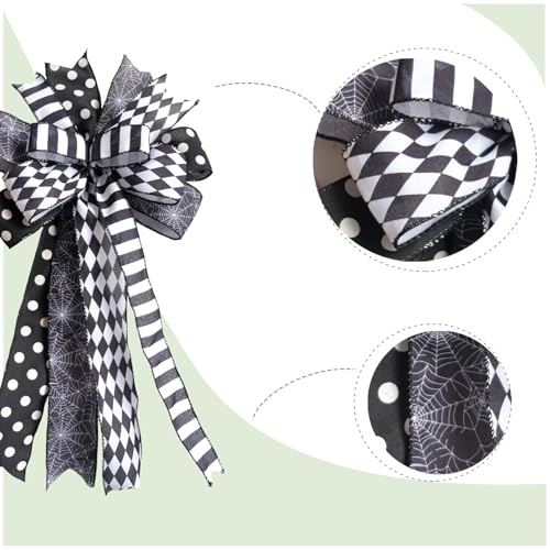 Halloween Black White Bow Set of 2 for Wreath & Home Decor - Spider Web Ribbon