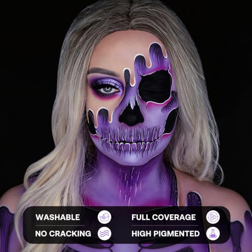 Purple Face Body Paint for Halloween Makeup - Goth Black White Foundation, Light Purple & Purple Variations