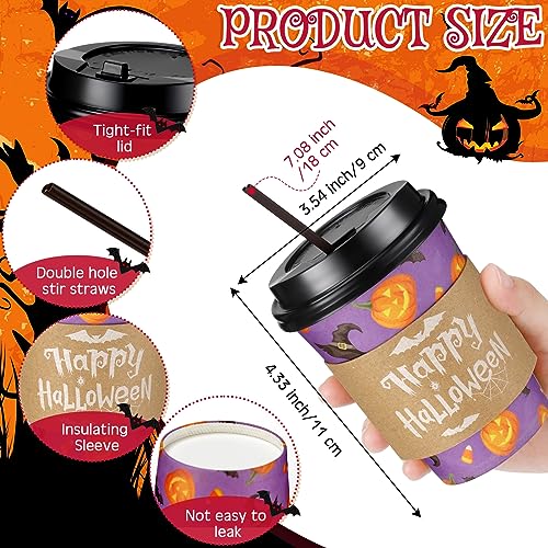 Halloween Pumpkin Disposable Coffee Cups with Lids & Straws - 12 oz Party Drinkware