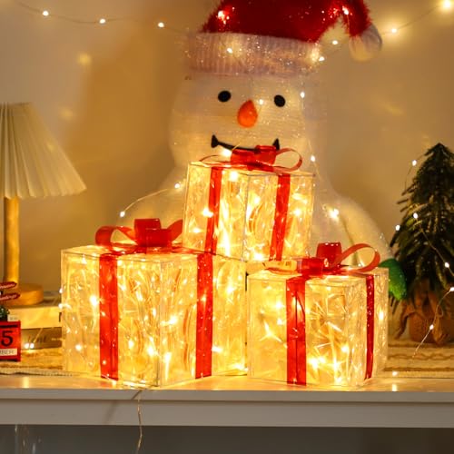 Light Up Christmas Gift Boxes Set of 3 with Warm White LEDs - Indoor Outdoor Holiday Decor