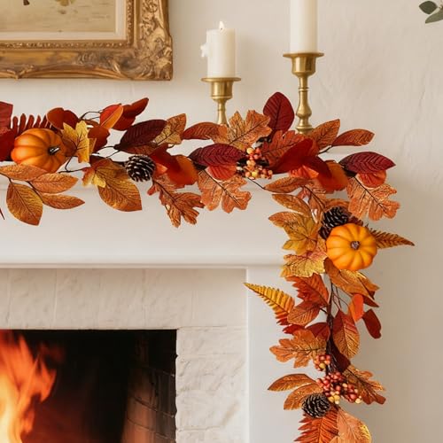 1 Pcs Fall Garland with Lights - Autumn Pumpkin Berry Maple Leaves Wreath for Mantle, Fireplace, Porch Decor