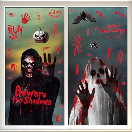 Halloween Window Clings Decorations - Scary Ghost & Blood Stickers - Red-14