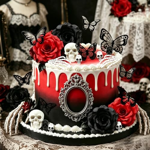 Gothic Cake Decorations Set - Skull, Butterfly & Rose Toppers for Halloween & Dark-Themed Cakes