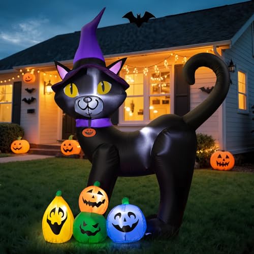6FT Inflatable Halloween Black Cat with Witch Hat & Colorful Pumpkins, LED Yard Decor