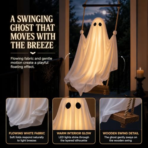 5FT Light-Up Hanging Ghost for Halloween Porch Yard Tree Decor