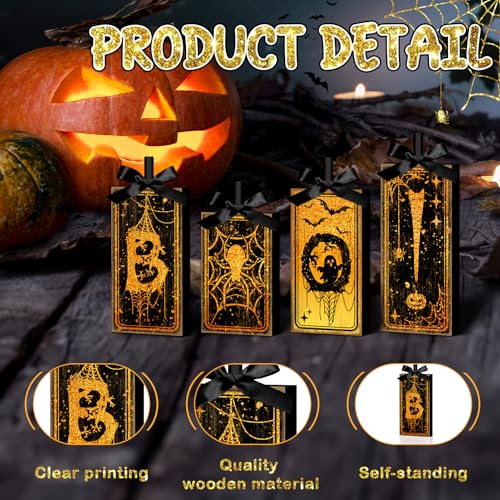Britimes Halloween Ghost Tiered Tray Decor - Tarot Boo Variation, 4 Pack Wooden Signs