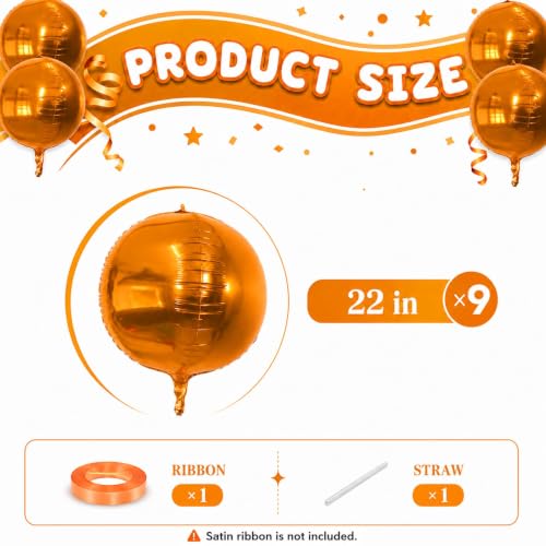 Orange 22-Inch Round Foil Balloons - Set of 9 Large 4D Party Decor
