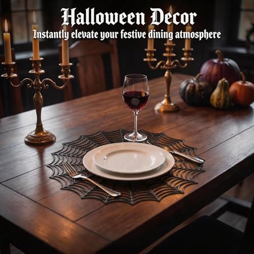 Halloween Spider Web Placemats Set of 4 - Black Round Washable Table Decor