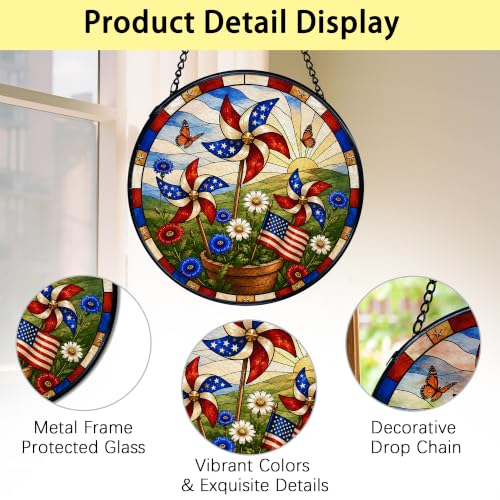 Patriotic Stained Glass Sun Catcher - 7.9 Inch American Flag Window Decor