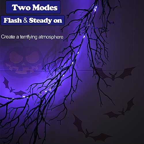 12 FT Black Twig Garland with Timer & Purple LED Lights – Halloween Decor 2 Pack