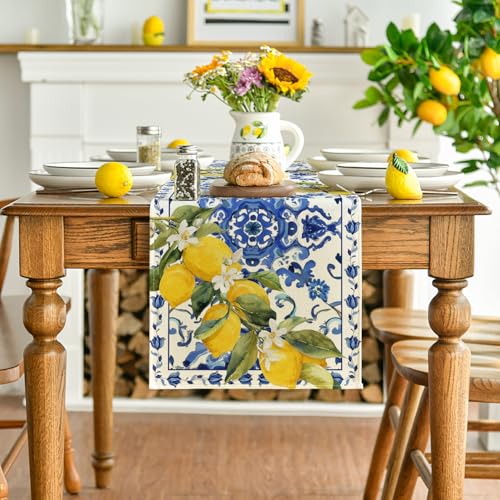Summer Table Runner 13x60 Inch - Blue and White Porcelain Design for Dining & Party Decor