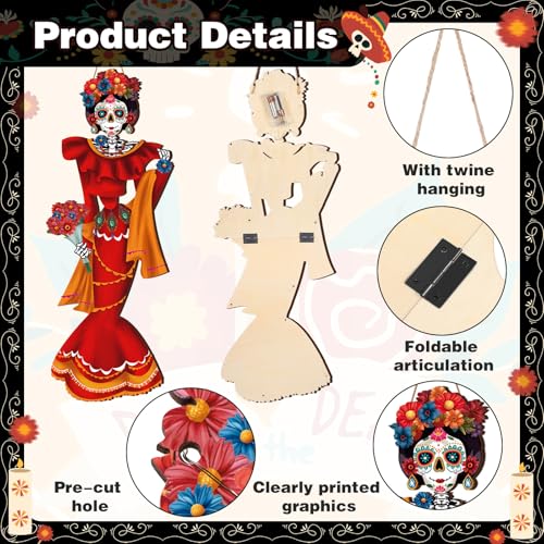 2 Pcs Dia De Muertos Porch Decorations with Wooden Skeleton Bride and Groom