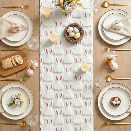 White Soft Plush Faux Fur Jacquard Easter Table Runner 13x36 Inch - Spring Holiday Home Decor
