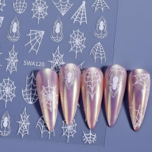 Halloween Nail Stickers Spider Web & Spider Design - 3D Multicolored Glitter Decals, Self-Adhesive, 10PCS