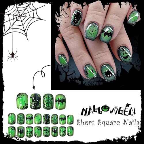 Green Halloween Press-On Nails Set - Short Square Fake Nails with Ghost Face & Pumpkin Designs, 24 Pieces