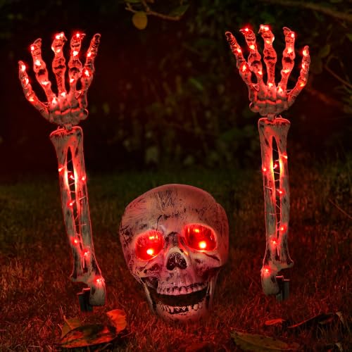Light Up Skeleton Skull & Hands Halloween Decorations - Red Variation