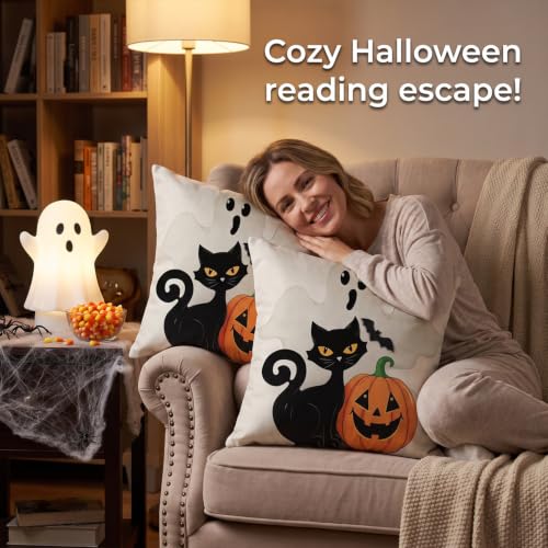 Halloween Black Cat Throw Pillow Cover 18x18 with Ghost - Pack of 2