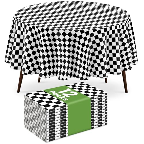 84-Inch Black Checkered Flag Round Plastic Tablecloth - 12 Pack, Disposable, Waterproof