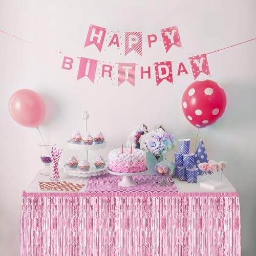 Pink Foil Tinsel Fringe Table Skirt - 6 Pack, 29.5x108 Inches, Disposable for Parties