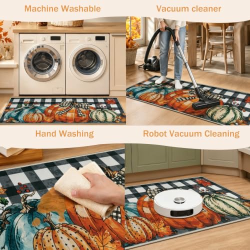 Fall Kitchen Rug Set of 3 Non Slip Washable Floor Mats - Harvest Pumpkin & Maple Leaf Design
