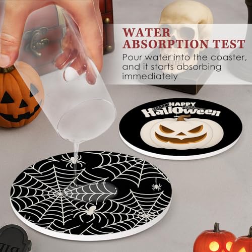 Halloween Coasters for Drinks Set of 6 Ceramic Stone with Cork Bottom & Holder - Black Variation