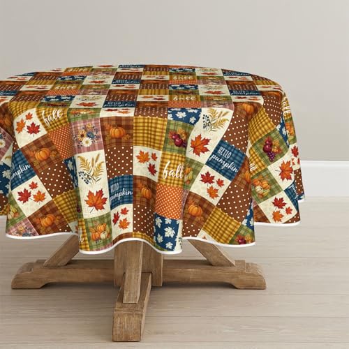 Round Fall Tablecloth 90x90 Inch Autumn Maple Leaves Wheat Caramel