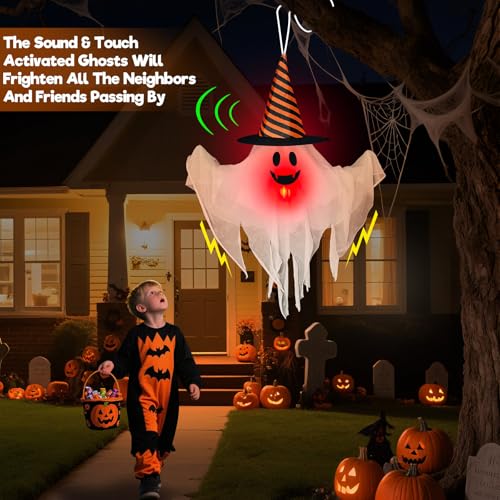 Halloween Ghost Animatronic Hanging Decoration with Sound & Lights - Creepy Ghost with Witch Hat - 20x27 Inch - Battery Operated - Spooky Outdoor Halloween Decor - Variation: Halloween Ghost