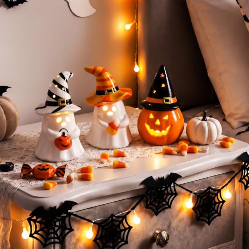 Halloween Ceramic Ghost Pumpkin Figurines with LED Lights - Indoor Decor Set