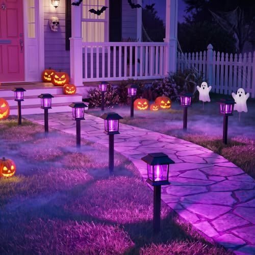 Purple Solar Pathway Lights 12 Pack Outdoor Waterproof Garden Decor - Auto On/Off