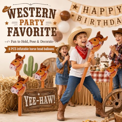 Inflatable Horse Stick Balloons - Reusable Brown PVC Western Party Decorations, 6 Pack