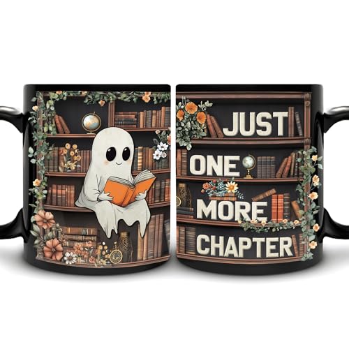GhostLibr Cute Ghost Reading Mug - Halloween Book Lover Gift, 11oz Black Ceramic Coffee Cup - Variation of THIS listing