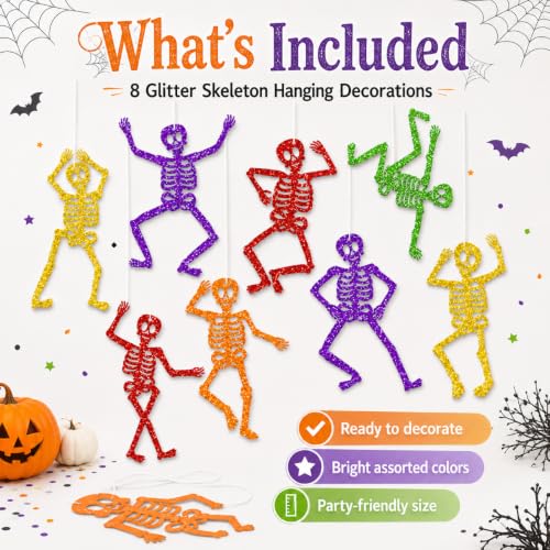Halloween Skeleton Decorations - 8-Pack Glitter Hanging Skeletons with String - Skeleton Variation