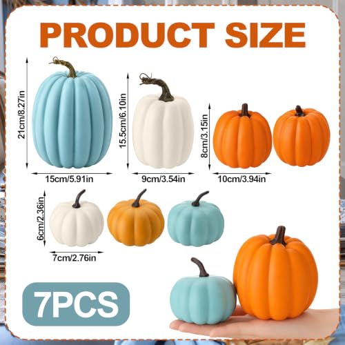 7 Pcs Faux Teal Blue Pumpkin Decor - Artificial Fall Pumpkins for Home & Table Centerpieces