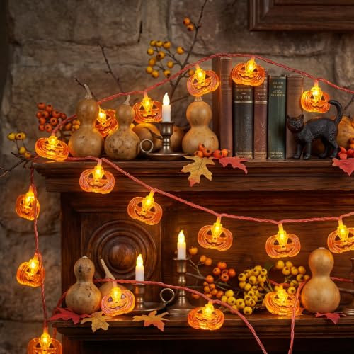 Halloween String Lights 16FT 50 LED Pumpkin Fairy Lights Battery Operated with 8 Modes
